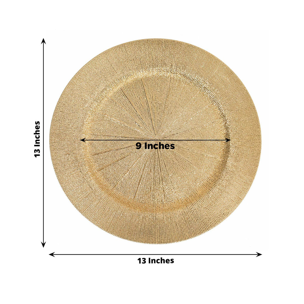 6 Pack Gold Acrylic Charger Plates 13", Round Sunburst Textured Table Chargers
