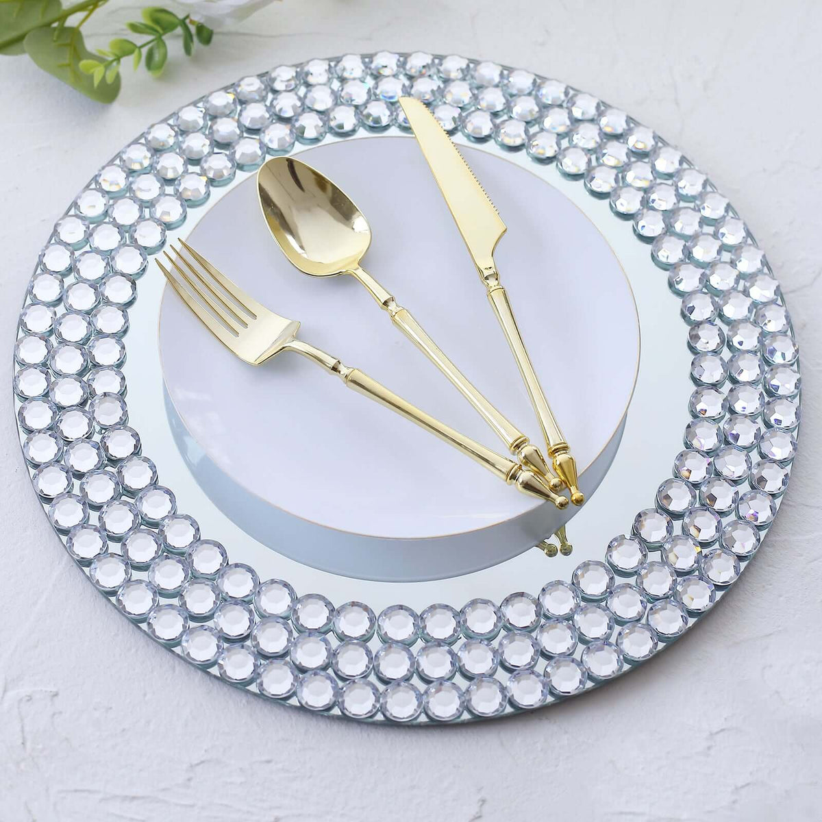 2-Pack Mirror Glass Charger Plates 13", Round Silver Mirror Diamond Beaded Rim - Upscale Decorative Chargers