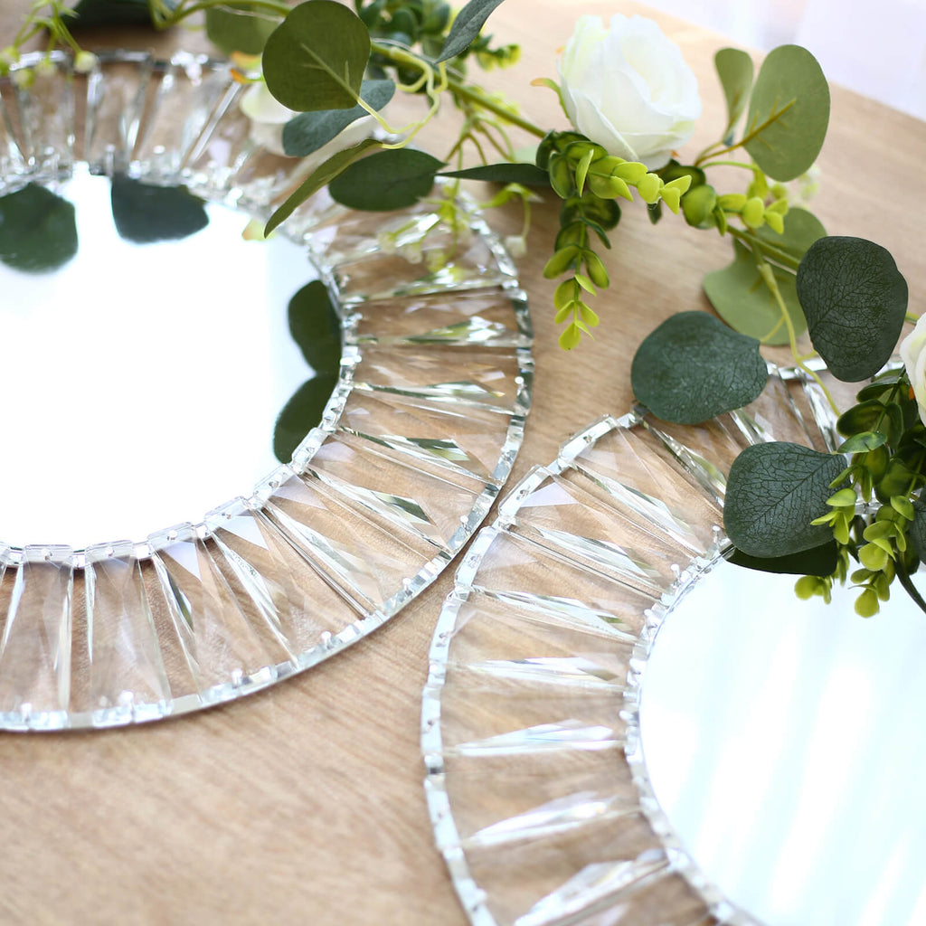 2 Pack Crystal Pendant Metal Charger Plates – 14" Round Silver Mirror Glass Decorative Table Chargers